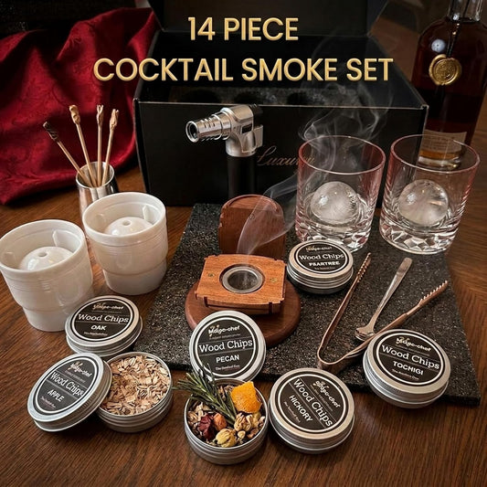 Unleash Bold Flavors with the Whiskey Smoker Kit – Complete Cocktail Smoker Set Featuring Torch, 6 Wood Chip Flavors, 2 Whiskey Glasses & 2 Ice Ball Molds – Perfect Gift for Men, Dads, and Husbands!
