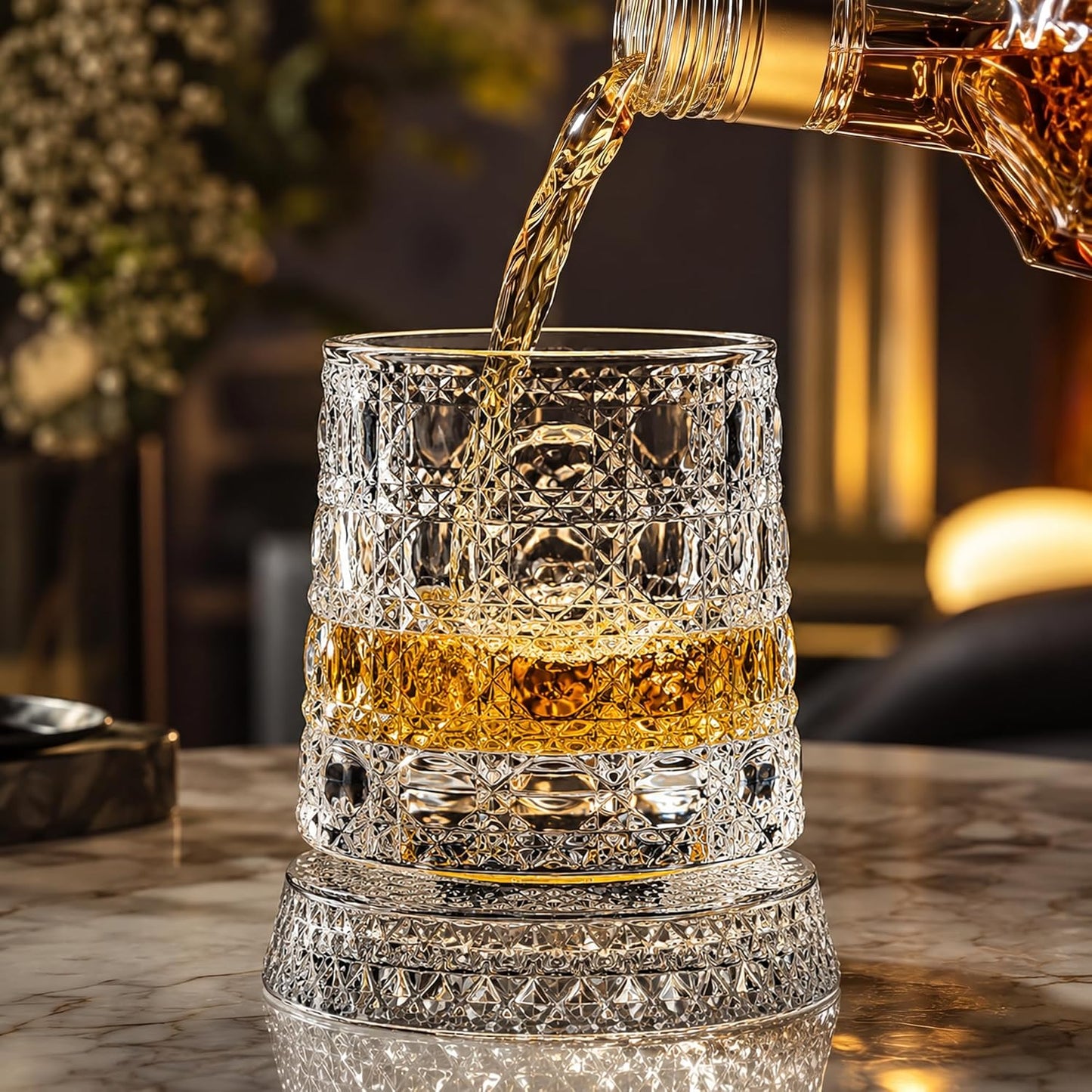 Elevate Your Sipping Experience with Our 10Oz Spinning Whiskey Glass Set - Includes 360° Rotating Glass and Ice Ball Mold for Perfectly Chilled Drinks - Ideal Gift for Whiskey Lovers!
