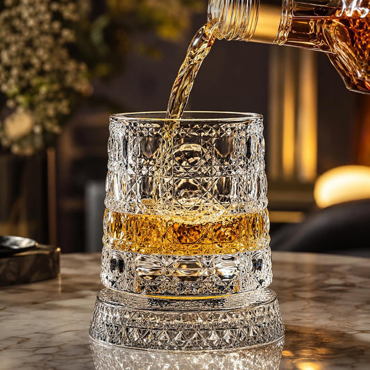 Elevate Your Sipping Experience with Our 10Oz Spinning Whiskey Glass Set - Includes 360° Rotating Glass and Ice Ball Mold for Perfectly Chilled Drinks - Ideal Gift for Whiskey Lovers!
