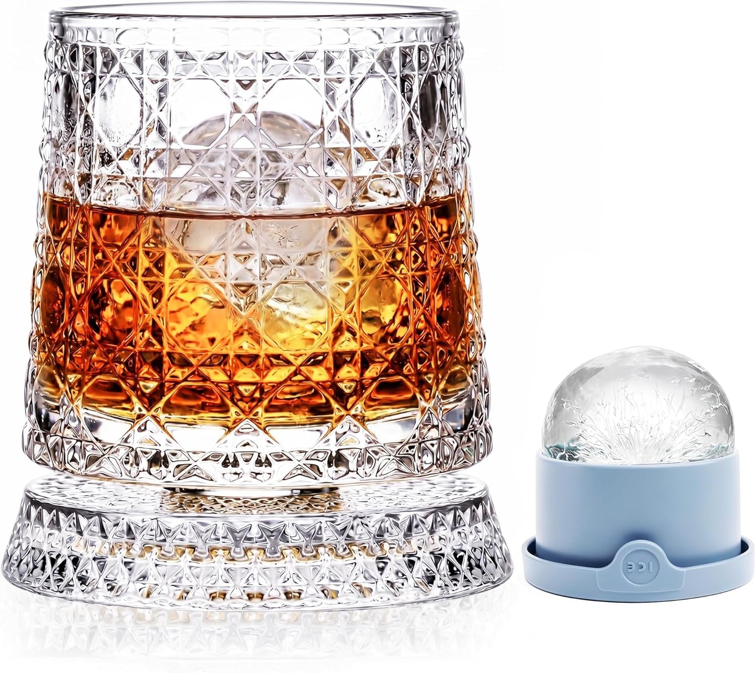 Elevate Your Sipping Experience with Our 10Oz Spinning Whiskey Glass Set - Includes 360° Rotating Glass and Ice Ball Mold for Perfectly Chilled Drinks - Ideal Gift for Whiskey Lovers!