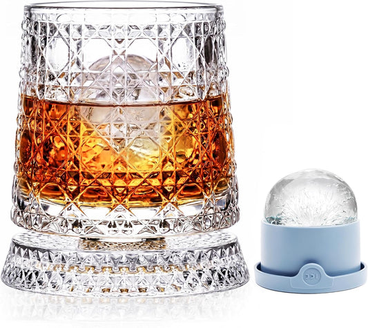 Elevate Your Sipping Experience with Our 10Oz Spinning Whiskey Glass Set - Includes 360° Rotating Glass and Ice Ball Mold for Perfectly Chilled Drinks - Ideal Gift for Whiskey Lovers!
