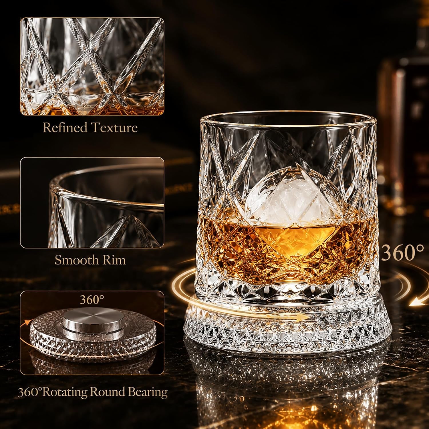 Elevate Your Sipping Experience with Our 10Oz Spinning Whiskey Glass Set - Includes 360° Rotating Glass and Ice Ball Mold for Perfectly Chilled Drinks - Ideal Gift for Whiskey Lovers!