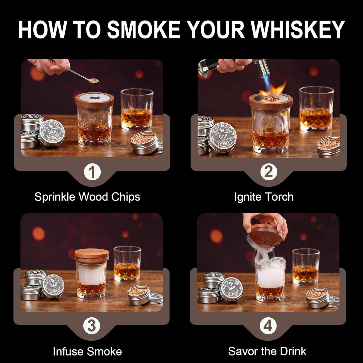 Elevate Your Spirits with the Bourbon & Whiskey Smoker Kit – A Premium Cocktail Experience with 6 Exquisite Wood Chip Flavors for the Ultimate Gift!