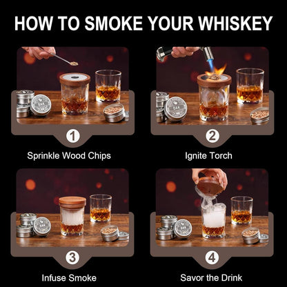 Bourbon whiskey smoker kit gösterimi, içeceklerin tütsülenmesi adımları.