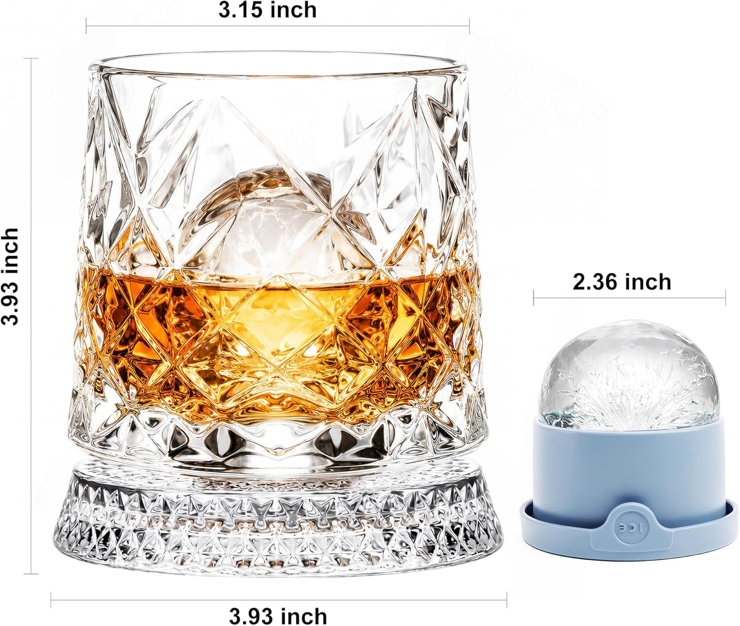 Elevate Your Sipping Experience with Our 10Oz Spinning Whiskey Glass Set - Includes 360° Rotating Glass and Ice Ball Mold for Perfectly Chilled Drinks - Ideal Gift for Whiskey Lovers!