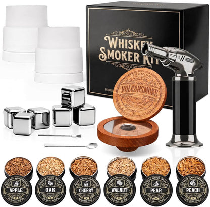 Bourbon whiskey smoker kit with smoker, wood chips, ice cubes, and accessories for rich flavor.