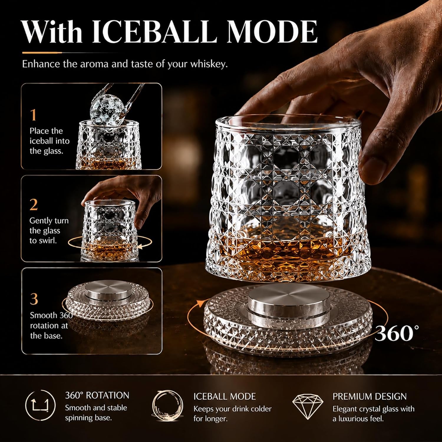 Elevate Your Sipping Experience with Our 10Oz Spinning Whiskey Glass Set - Includes 360° Rotating Glass and Ice Ball Mold for Perfectly Chilled Drinks - Ideal Gift for Whiskey Lovers!