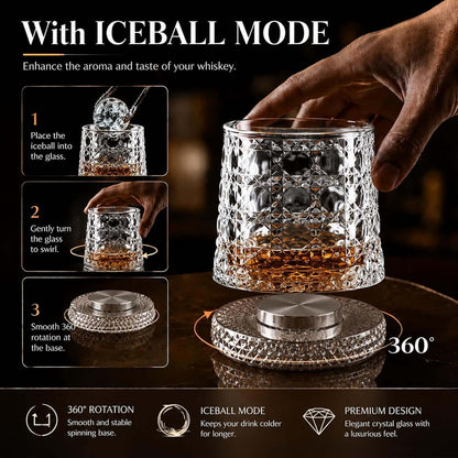 Elevate Your Sipping Experience with Our 10Oz Spinning Whiskey Glass Set - Includes 360° Rotating Glass and Ice Ball Mold for Perfectly Chilled Drinks - Ideal Gift for Whiskey Lovers!