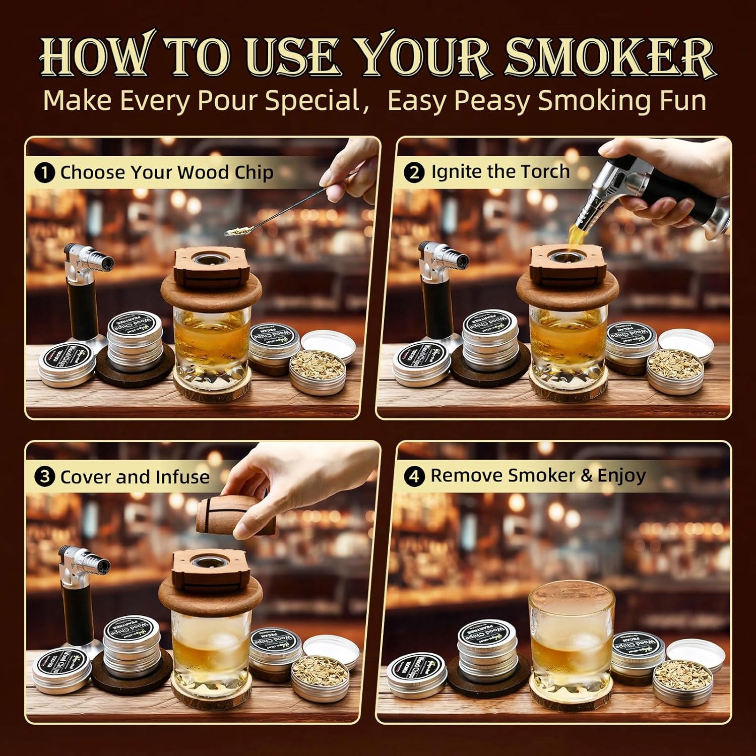 Unleash Bold Flavors with the Whiskey Smoker Kit – Complete Cocktail Smoker Set Featuring Torch, 6 Wood Chip Flavors, 2 Whiskey Glasses & 2 Ice Ball Molds – Perfect Gift for Men, Dads, and Husbands!