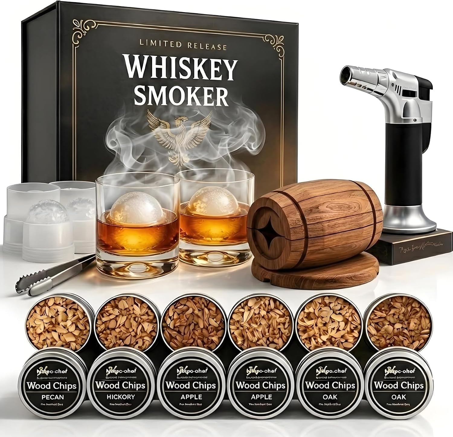 Unleash Bold Flavors with the Whiskey Smoker Kit – Complete Cocktail Smoker Set Featuring Torch, 6 Wood Chip Flavors, 2 Whiskey Glasses & 2 Ice Ball Molds – Perfect Gift for Men, Dads, and Husbands!