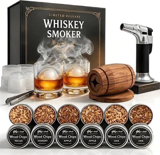 Unleash Bold Flavors with the Whiskey Smoker Kit – Complete Cocktail Smoker Set Featuring Torch, 6 Wood Chip Flavors, 2 Whiskey Glasses & 2 Ice Ball Molds – Perfect Gift for Men, Dads, and Husbands!